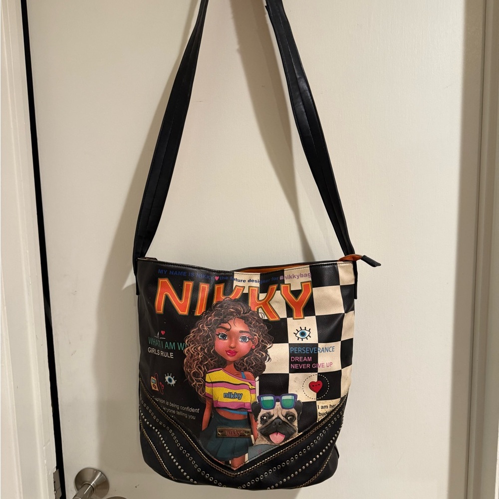 Nikki by Nicole Lee Graphic Pug Black Tote Bag Purse Some Flaws Inspiring Words